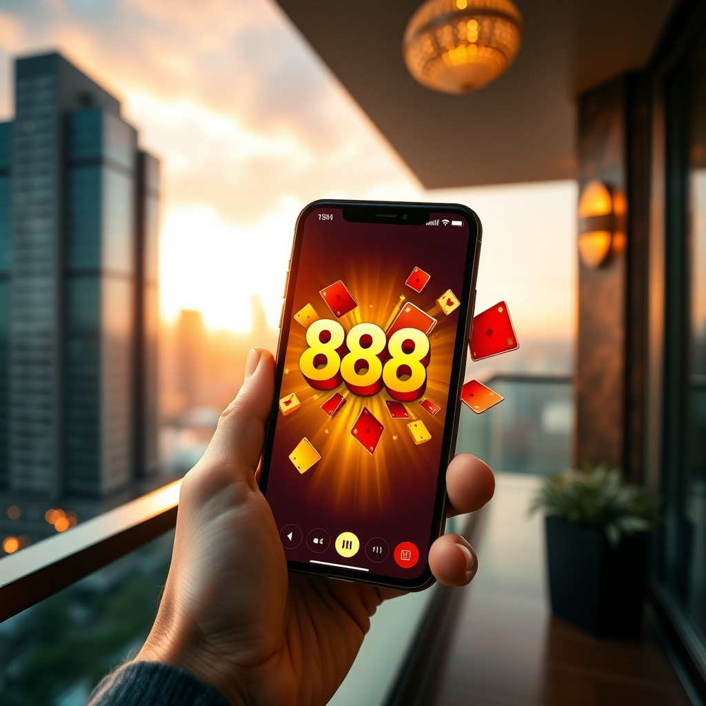 A hand holding a smartphone with the 888starz app interface, set against a blurred background of a luxurious Tashkent penthouse balcony with modern glass skyscrapers at sunset, 3D golden multipliers and red cards bursting out, elegant and prestigious look